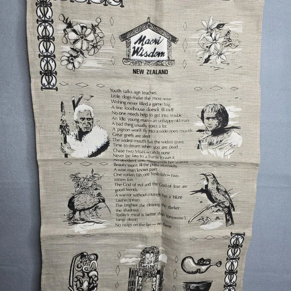 Vtg Maori Wisdom Proverbs Natural Flax Linen Tea Hand Towel New Zealand 19 x 29